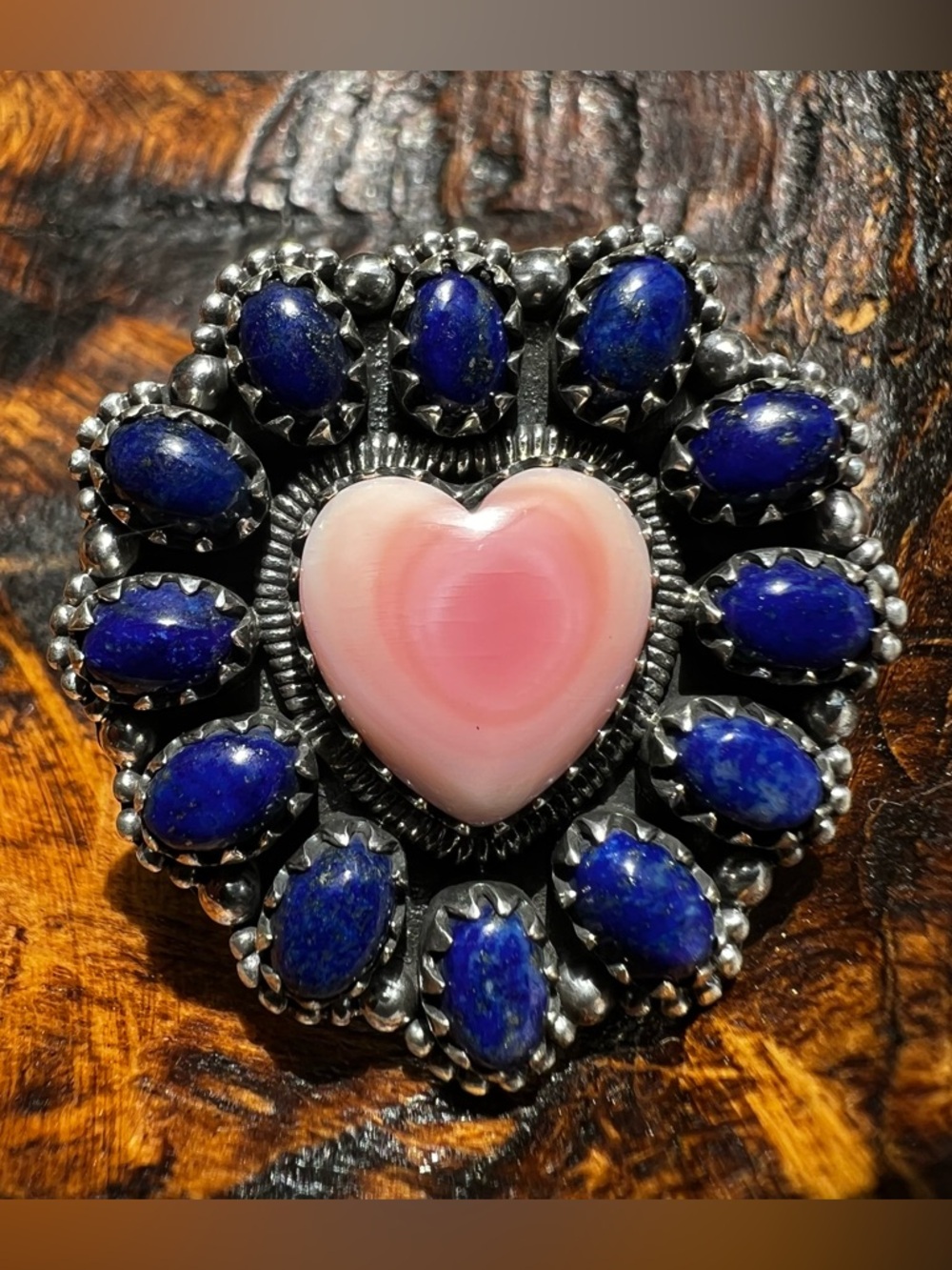 925 Sterling Silver Pink Conch Heart & Lapis Cluster Statement Ring Size 8.5